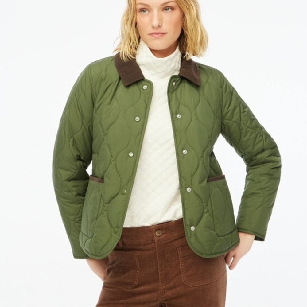 NWT J. Crew Women's Quilted Barn Jacket™ Green Brown Corduroy XL
